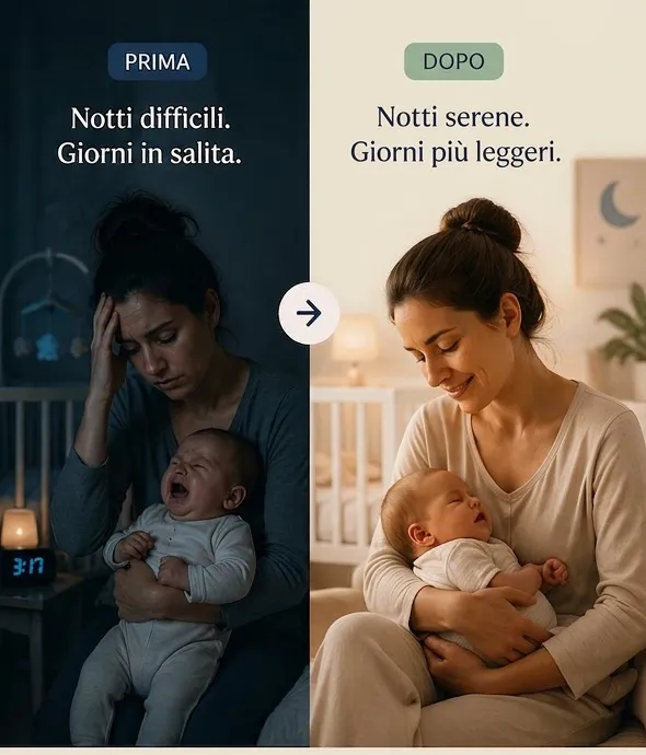 Confronto prima e dopo: una mamma esausta con il bambino in pianto e una mamma serena che culla il suo bimbo addormentato